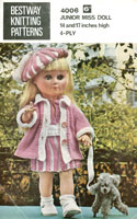 Great vintage doll knitting pattern for girl dolls outfit including jaunty beret with tassel, coat, skirt and top, pantees and legging